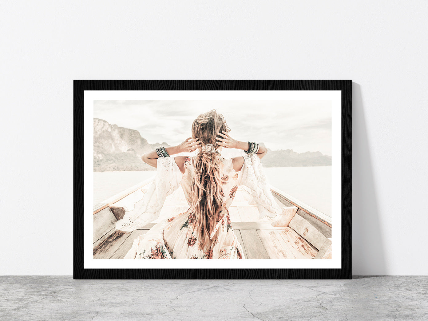 Fashion Girl in Boat Faded Photograph Glass Framed Wall Art, Ready to Hang Quality Print With White Border Black