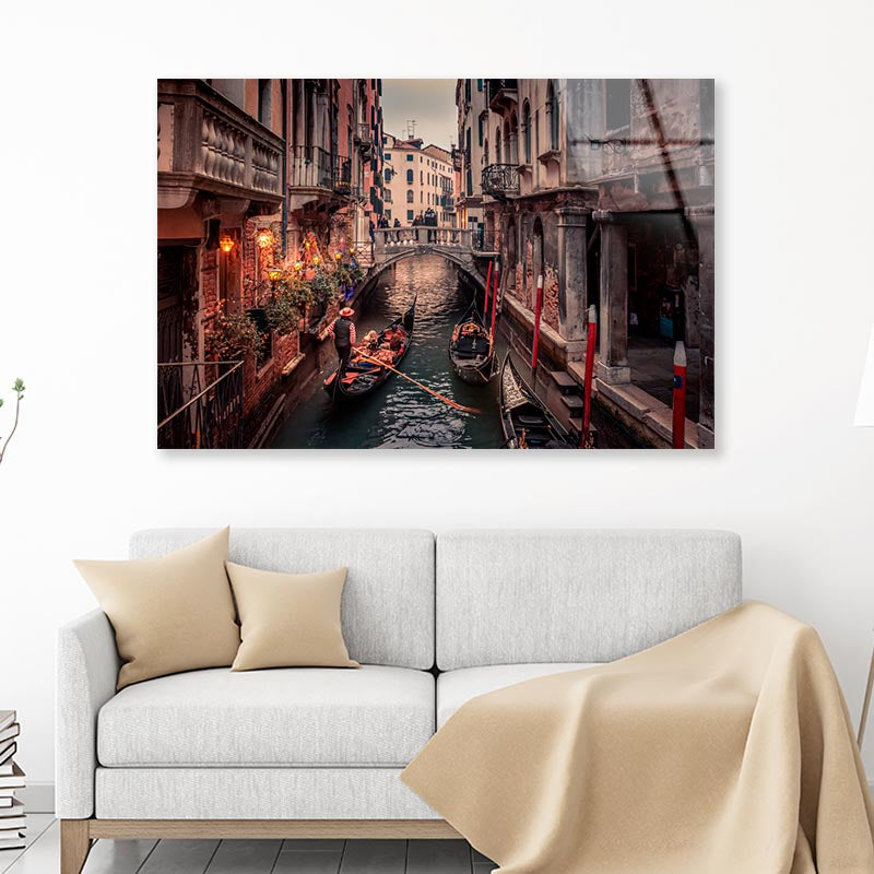 Canal With a Boat and Bridge View Acrylic Glass Print Tempered Glass Wall Art 100% Made in Australia Ready to Hang