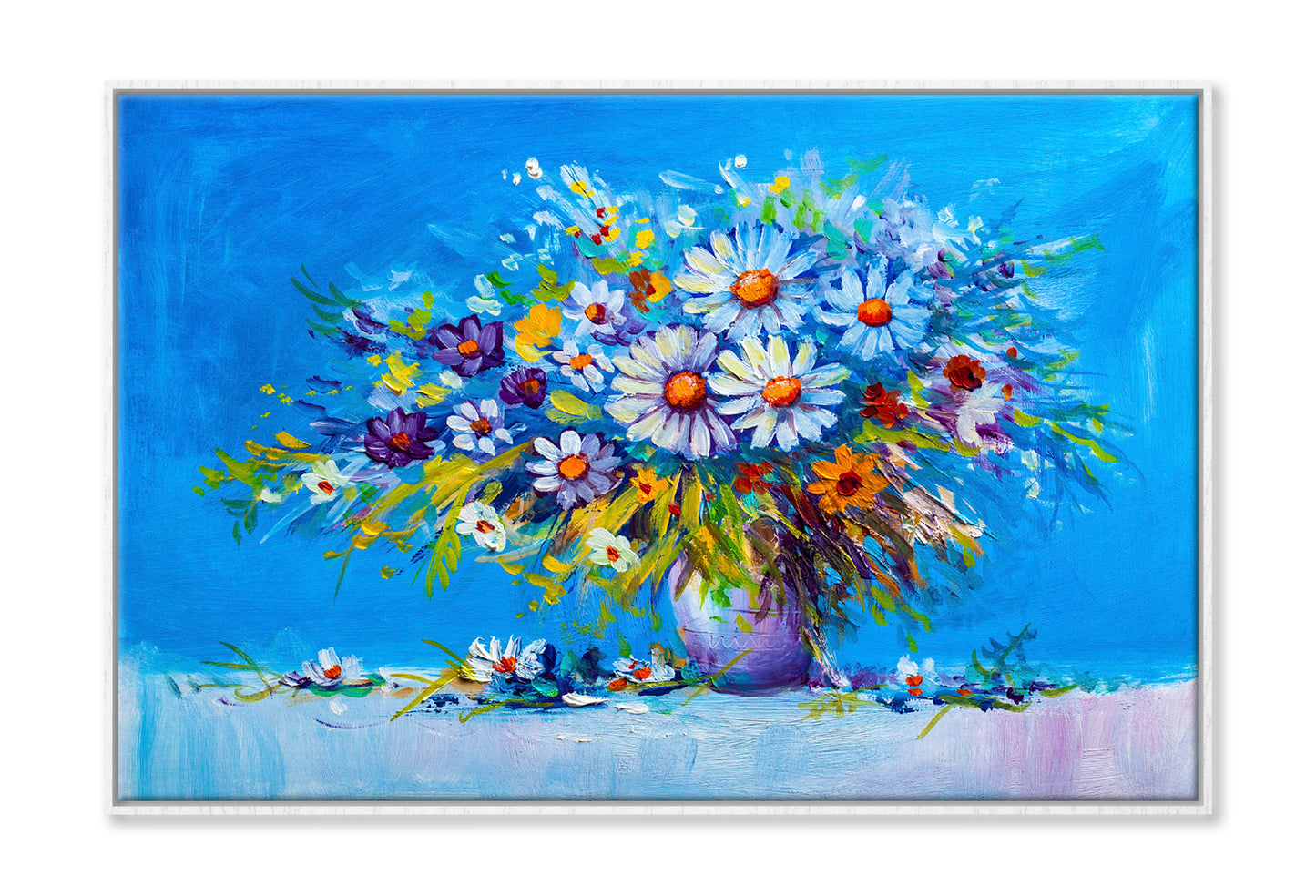 Daisy Flowers & Leaves in Vase Oil Painting Wall Art Limited Edition High Quality Print Canvas Box Framed White