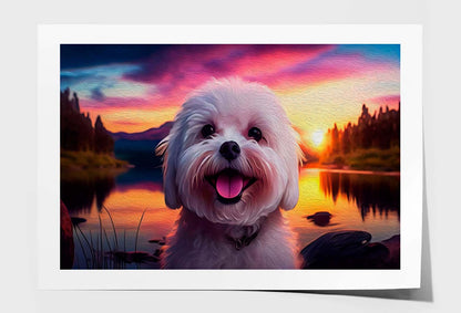 Cute Puppy Smiling, On Sunset, With A Beautiful Lake Wall Art Limited Edition High Quality Print