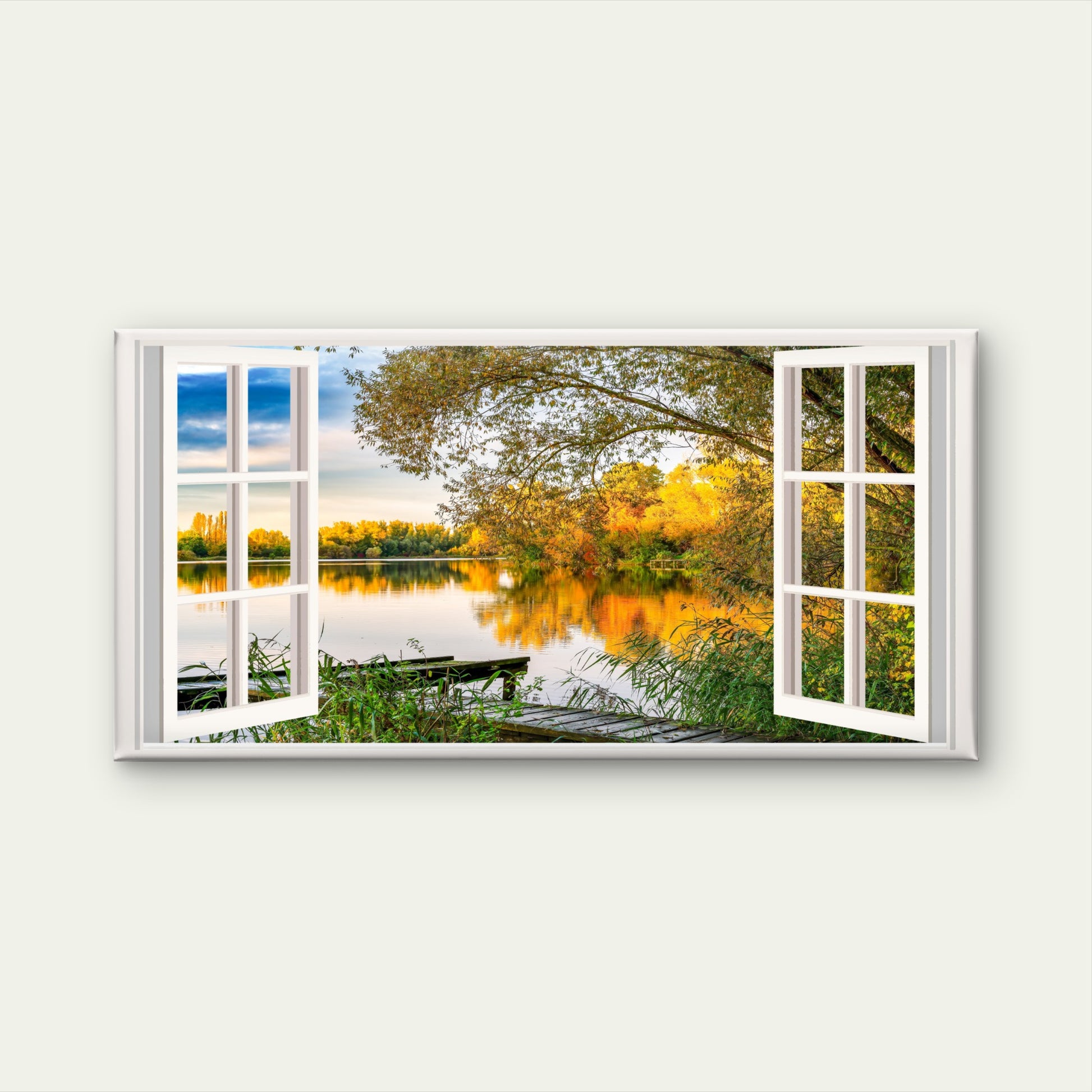 Autumn Gold Lake Reflection Wall Art Canvas Office Home Room Framed 120x60cm - Bella Home Decor