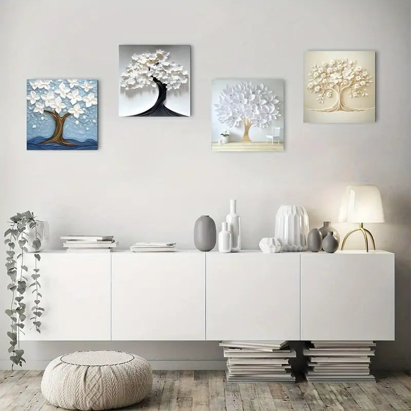 4pcs Nordic White Flowe With Tree Design Wall Art Canvas Framed