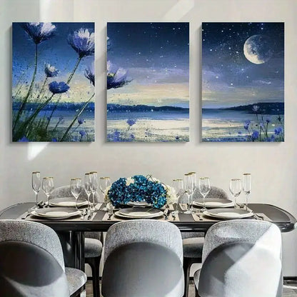3pcs Flower And Moon Canvas Painting Metal Print Ready to Hang Art