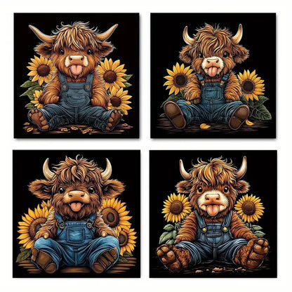 4pcs Whimsical Cottage Cow & Sunflower FG   Wall Art Canvas Framed