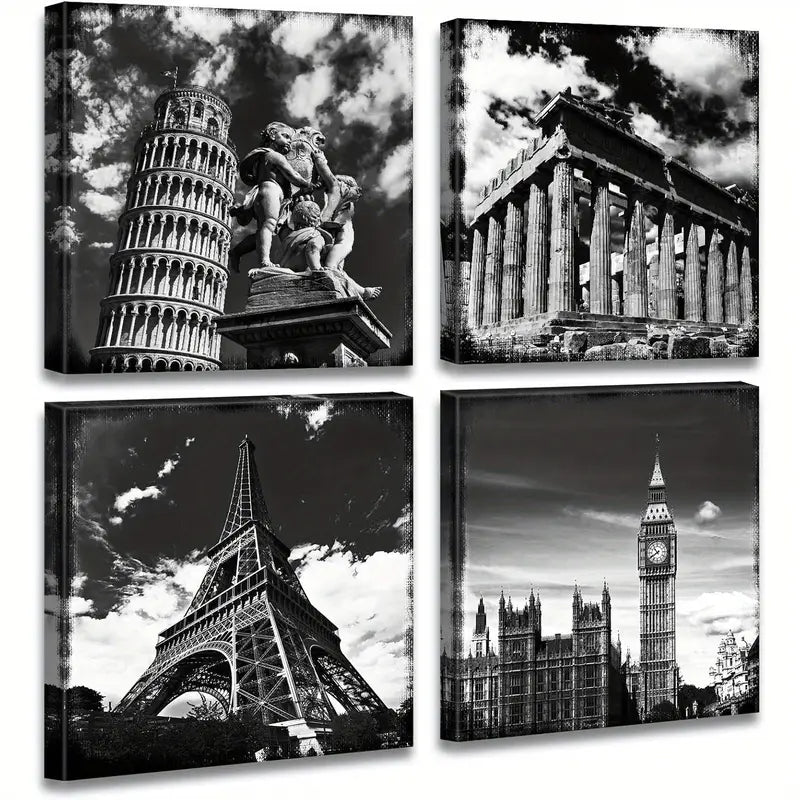 4pcs Black And White European Architecture Canva Wall Art Canvas Framed