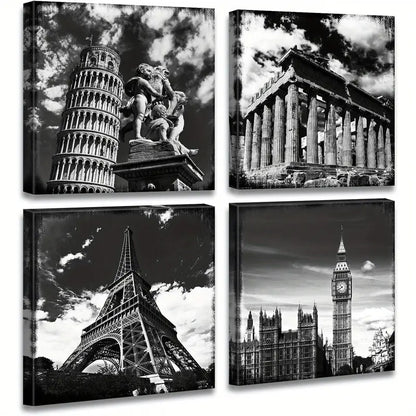 4pcs Black And White European Architecture Canva Wall Art Canvas Framed