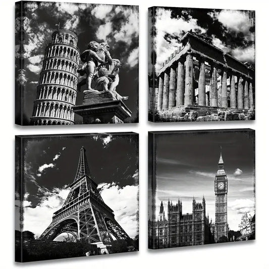 4pcs Black And White European Architecture Canva Wall Art Canvas Framed