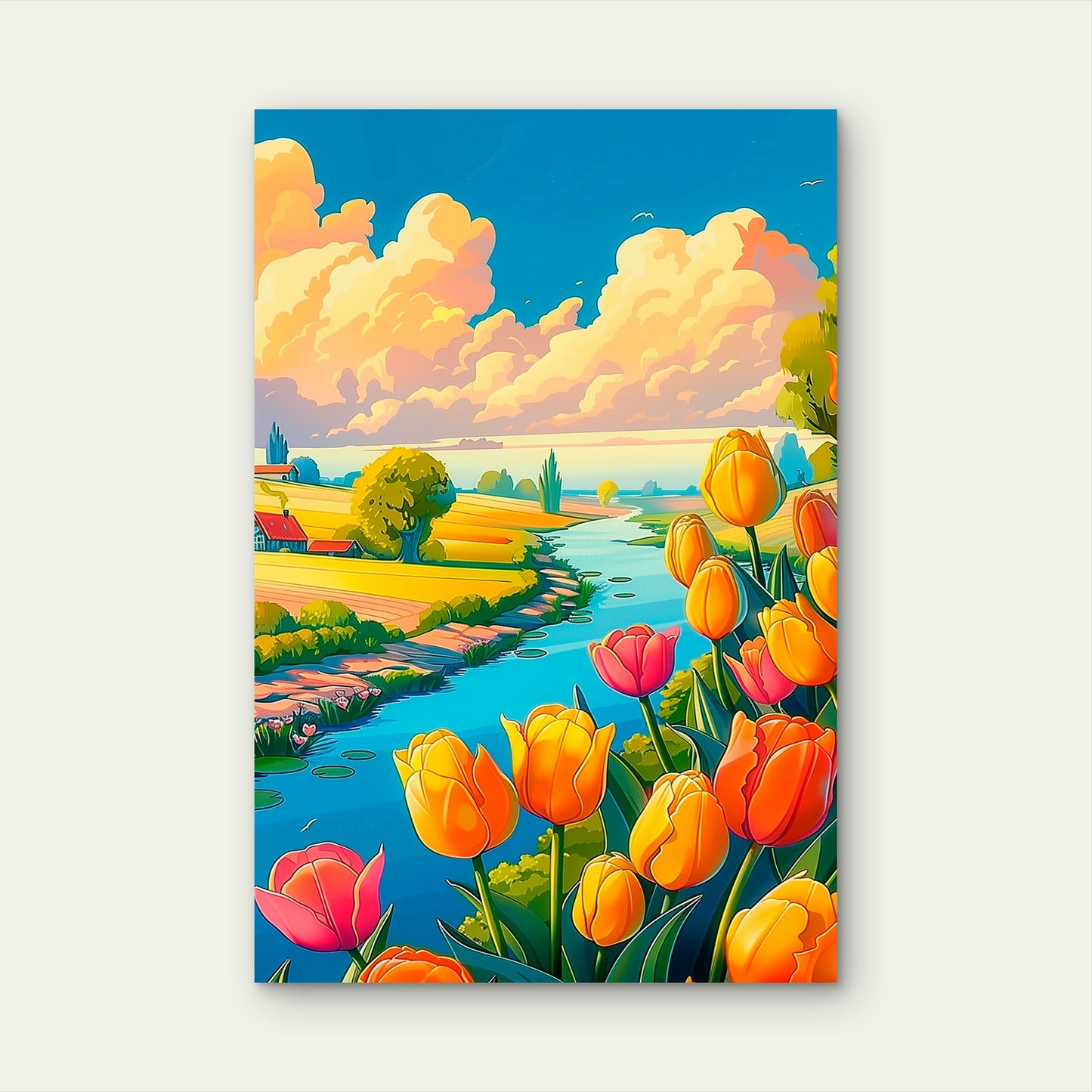 Vibrant Tulip Fields River Dutch Countryside Blue Orange 40x60cm Metal Print Ready to Hang