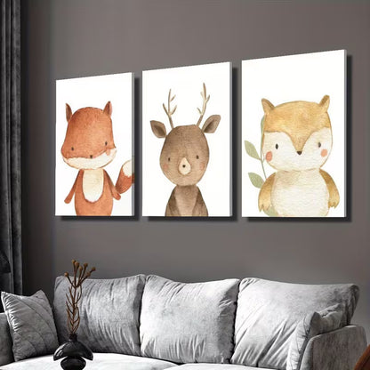 3pcs Adorable Cartoon Woodland Animals Wall Art Set Canvas Framed 40x60cm - High Quality Print 100% Australian Made Wall Canvas Ready to Hang - Bella Home Decor