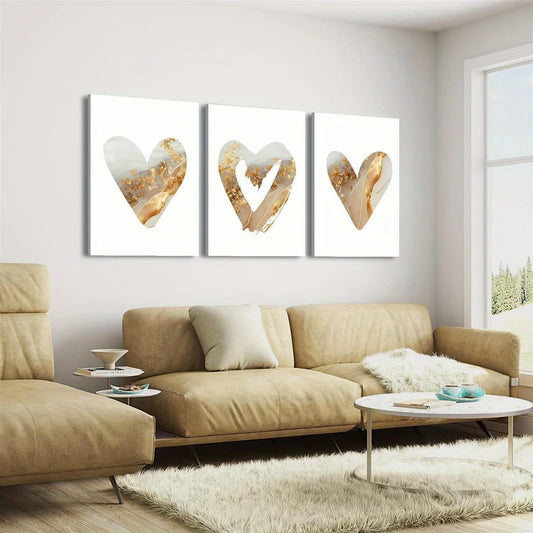 3pcs Beige And Golden Theme, Heart Motifs, Golden Accents Metal Print Ready to Hang Art