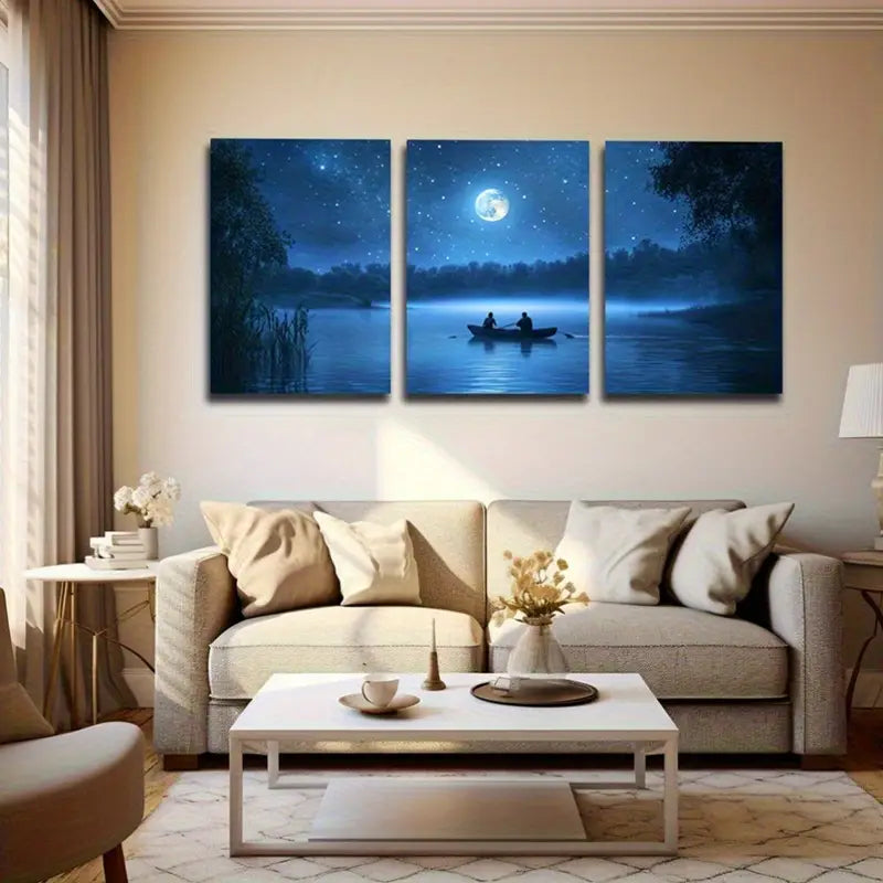 3pcs Night Lake Scene With Rowboat Metal Print Ready to Hang Art