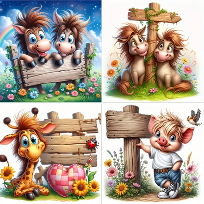 4pcs Spring Atmosphere, Calf Flowers, Animals  Wall Art Canvas Framed