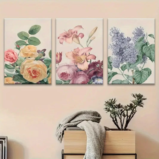 3pcs Vibrant Roses, Lilies & Hydrangeas Abstracts Metal Print Ready to Hang Art