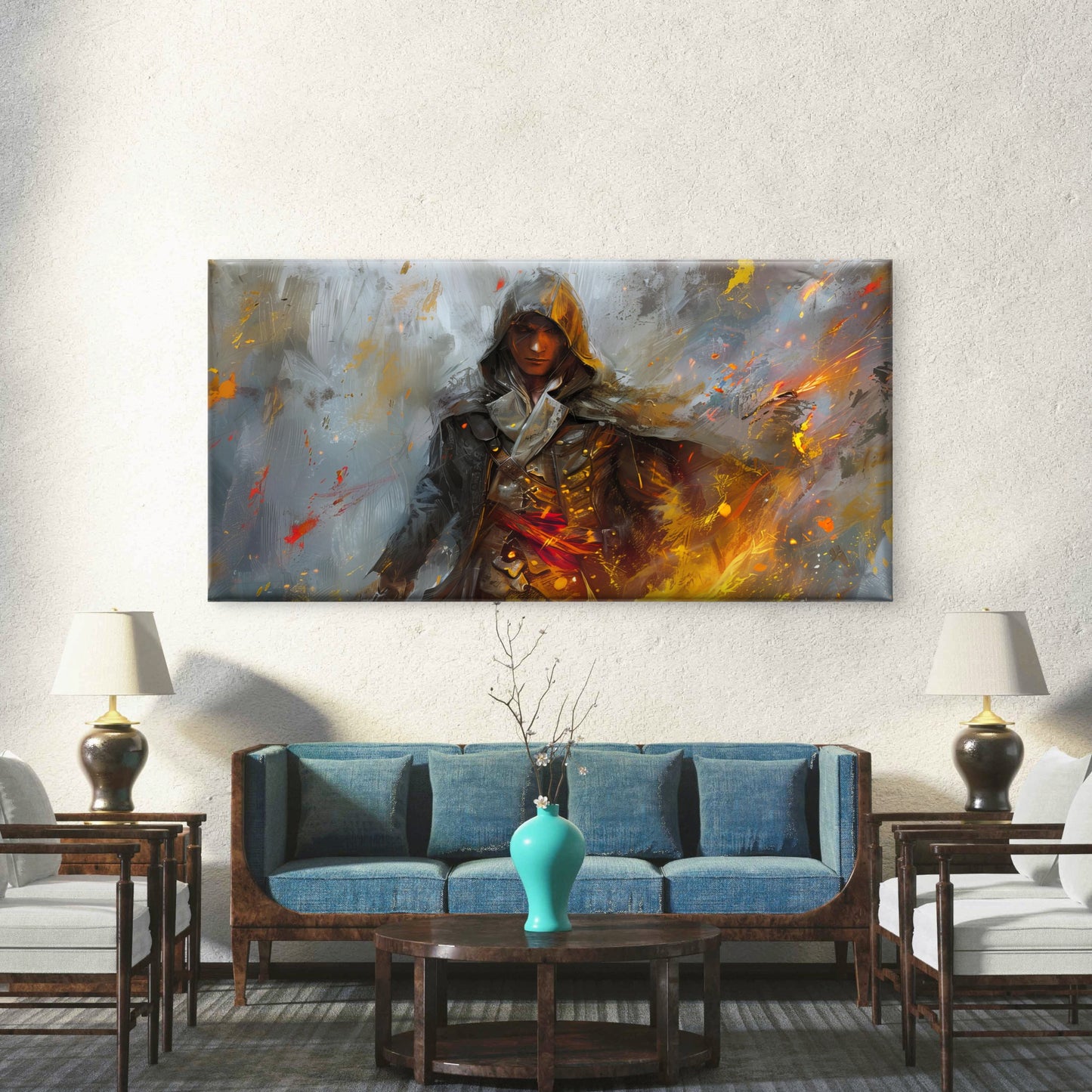 The Pirate Assassin In Fire Wall Art Canvas Office Home Room Framed 120x60cm