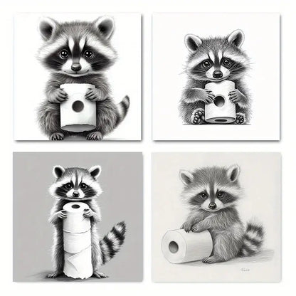 4pcs Charming Raccoon & Toilet Paper Wall Art Canvas Framed