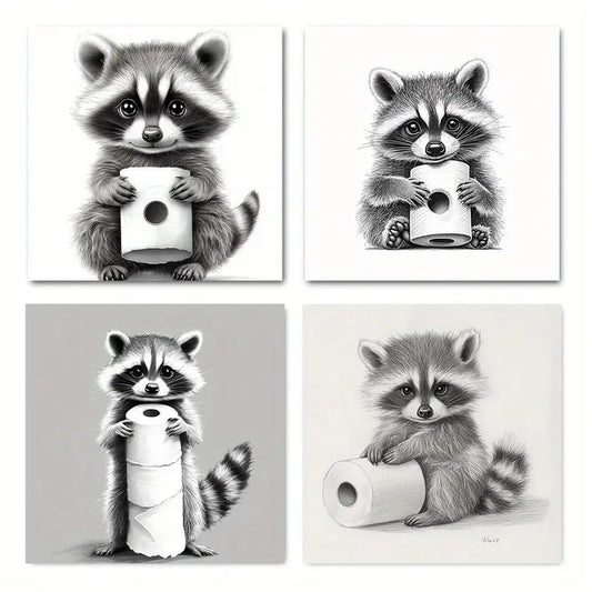 4pcs Charming Raccoon & Toilet Paper Wall Art Canvas Framed