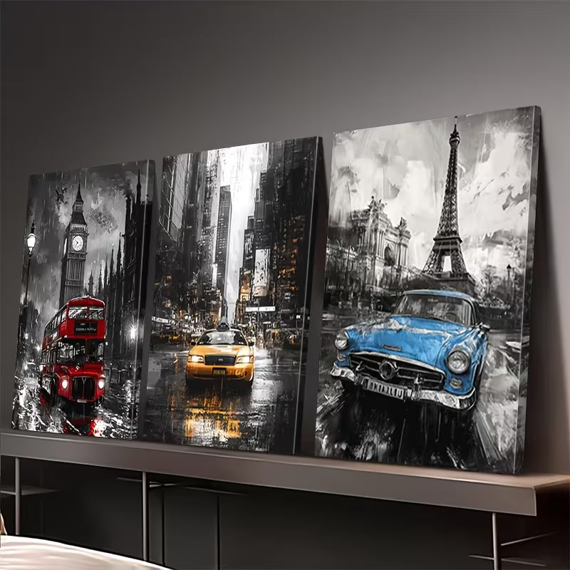 3pcs Colorful Cars in New York Paris London Wall Art Set Canvas Framed 40x60cm - High Quality Print 100% Australian Made Wall Canvas Ready to Hang - Bella Home Decor