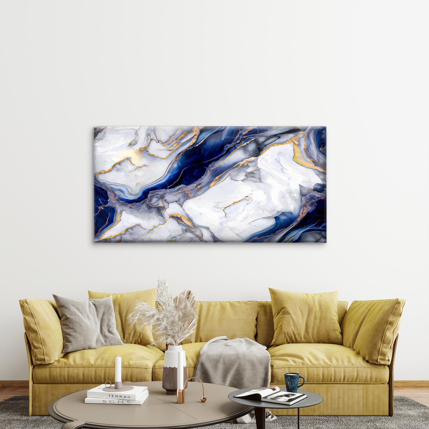 Abstract Marble Navy Blue White Wall Art Canvas Office Home Room Framed 120x60cm - Bella Home Decor