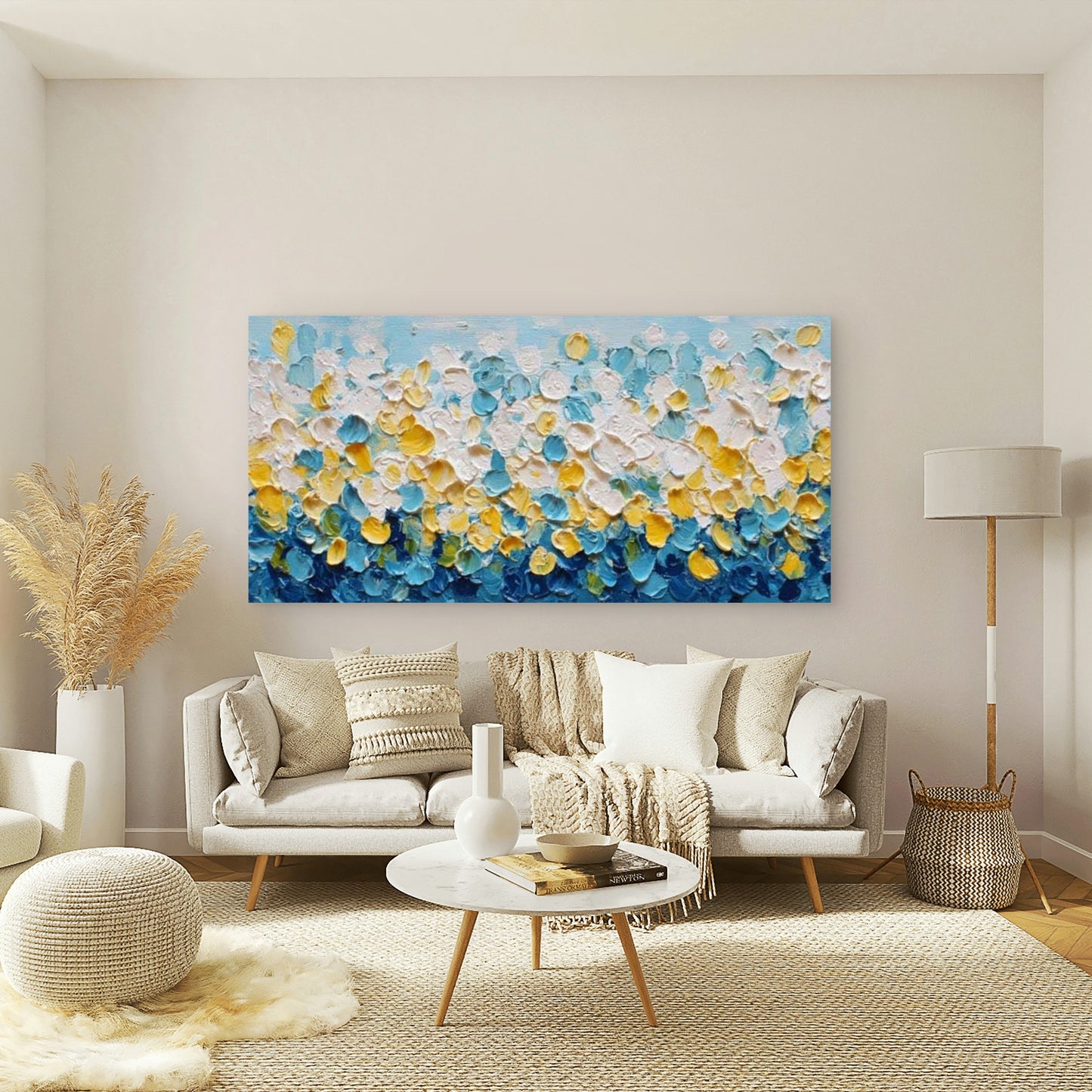 Blue Yellow Palette Knife Art Wall Art Canvas Office Home Room Framed 120x60cm - Bella Home Decor