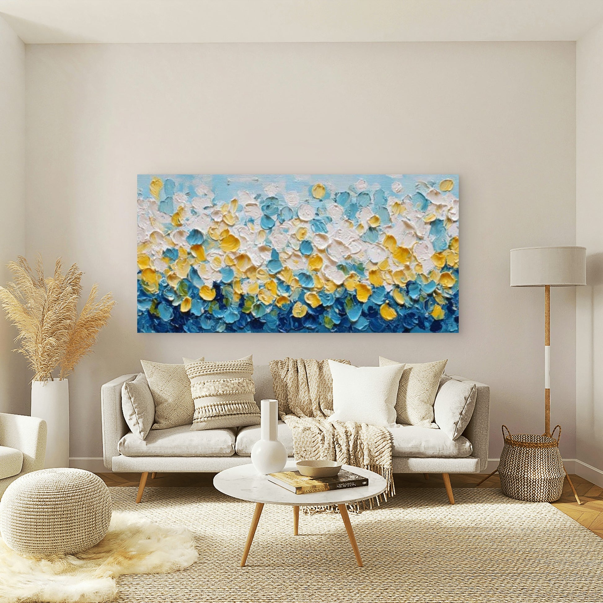 Blue Yellow Palette Knife Art Wall Art Canvas Office Home Room Framed 120x60cm - Bella Home Decor