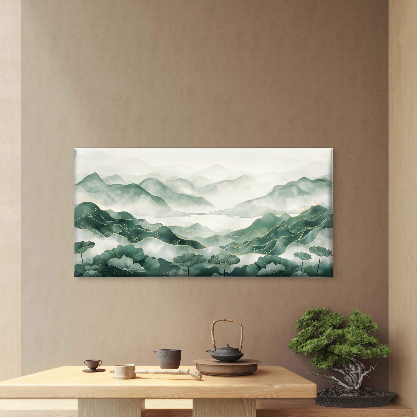 Misty Peaks, Golden Lines Wall Art Canvas Office Home Room Framed 120x60cm - Bella Home Decor