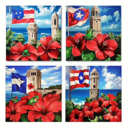 4pcsFrog In Flower Puerto Rico FlagWall Art Canvas Framed