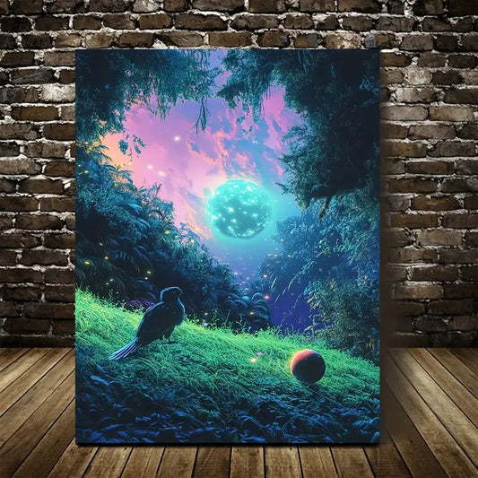 Surreal Parrot & Ball in Lush Green Meadow 40x60cm Metal Print Ready to Hang - Bella Home Decor