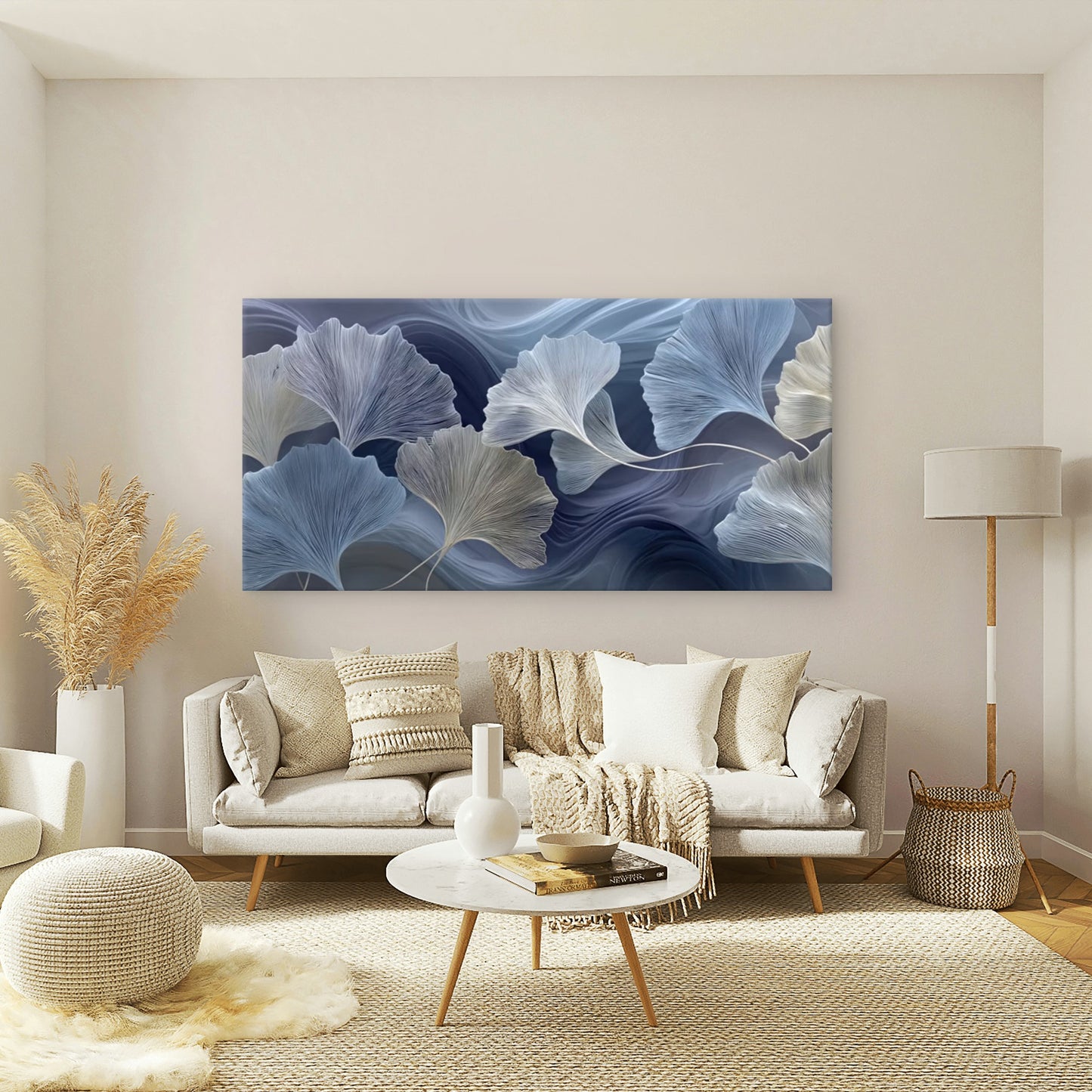 Dark Blue & White Ginkgo leaf Wall Art Canvas Office Home Room Framed 120x60cm