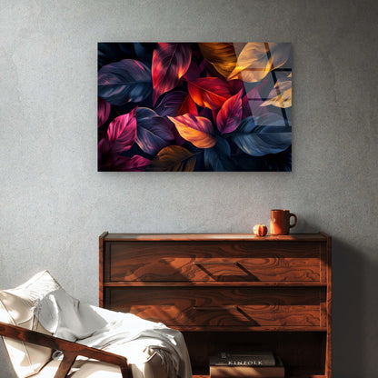 Dark Mood Colorful Autumn Leaves Botanical Foliage Pattern Acrylic Glass Printing Wall Art Australian Made Quality