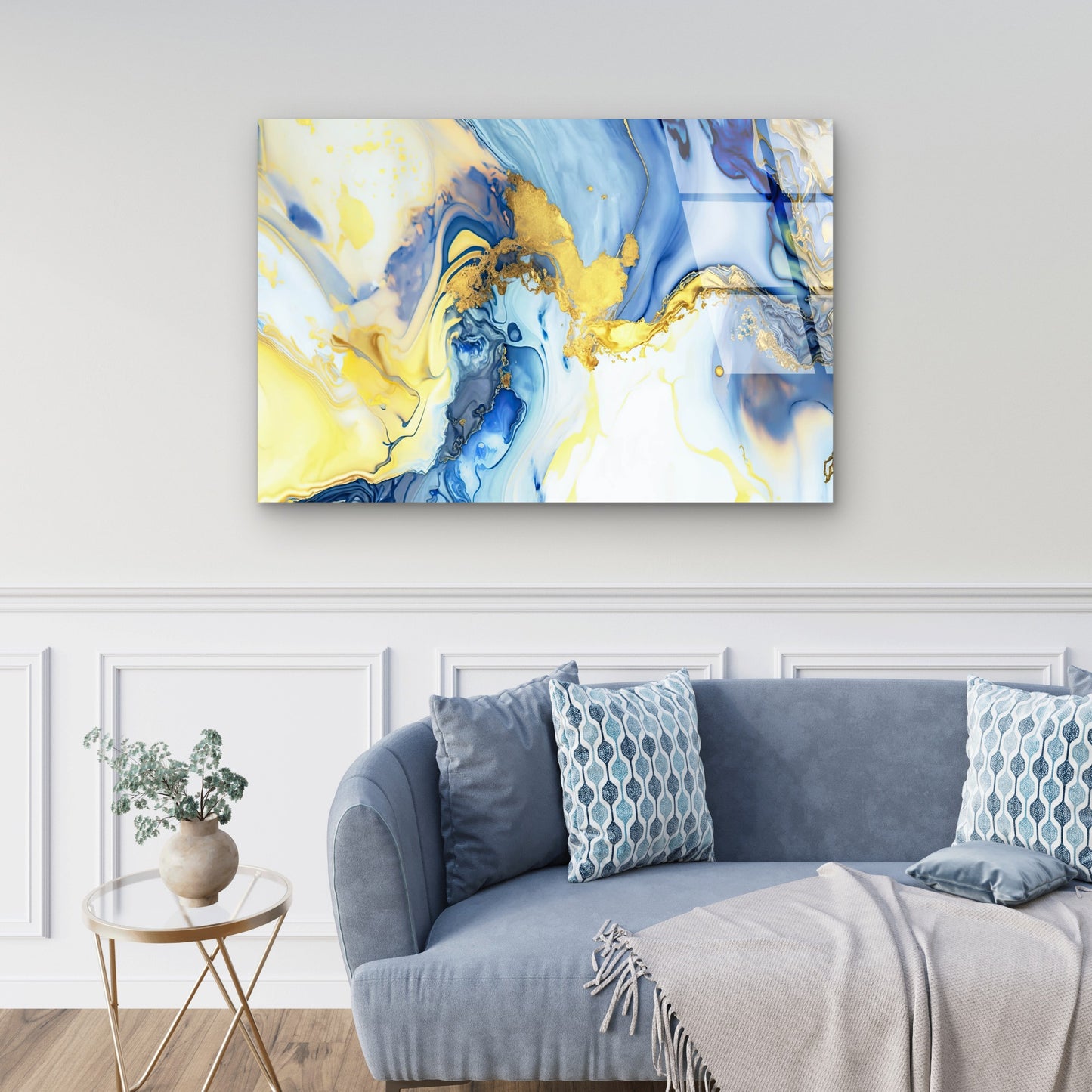 Abstract Navy Blue Yellow Fluid Alcohol  Acrylic Glass Printing Wall Art Australian Made Quality