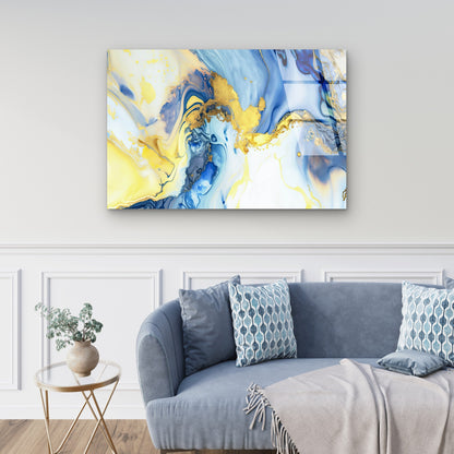Abstract Navy Blue Yellow Fluid Alcohol  Acrylic Glass Printing Wall Art Australian Made Quality