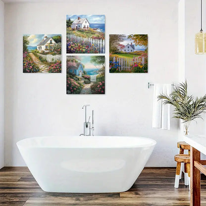 4pcs White Fence, Garden Decor Wall Art Canvas Framed