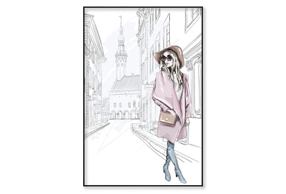 Pink Girl With Stylish Hat Wall Art Limited Edition High Quality Print Canvas Box Framed Black