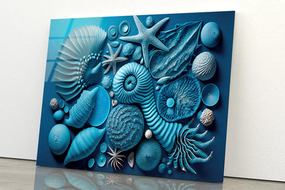 Group of Blue and White Shells Acrylic Glass Print Tempered Glass Wall Art 100% Made in Australia Ready to Hang - Bella Home Decor