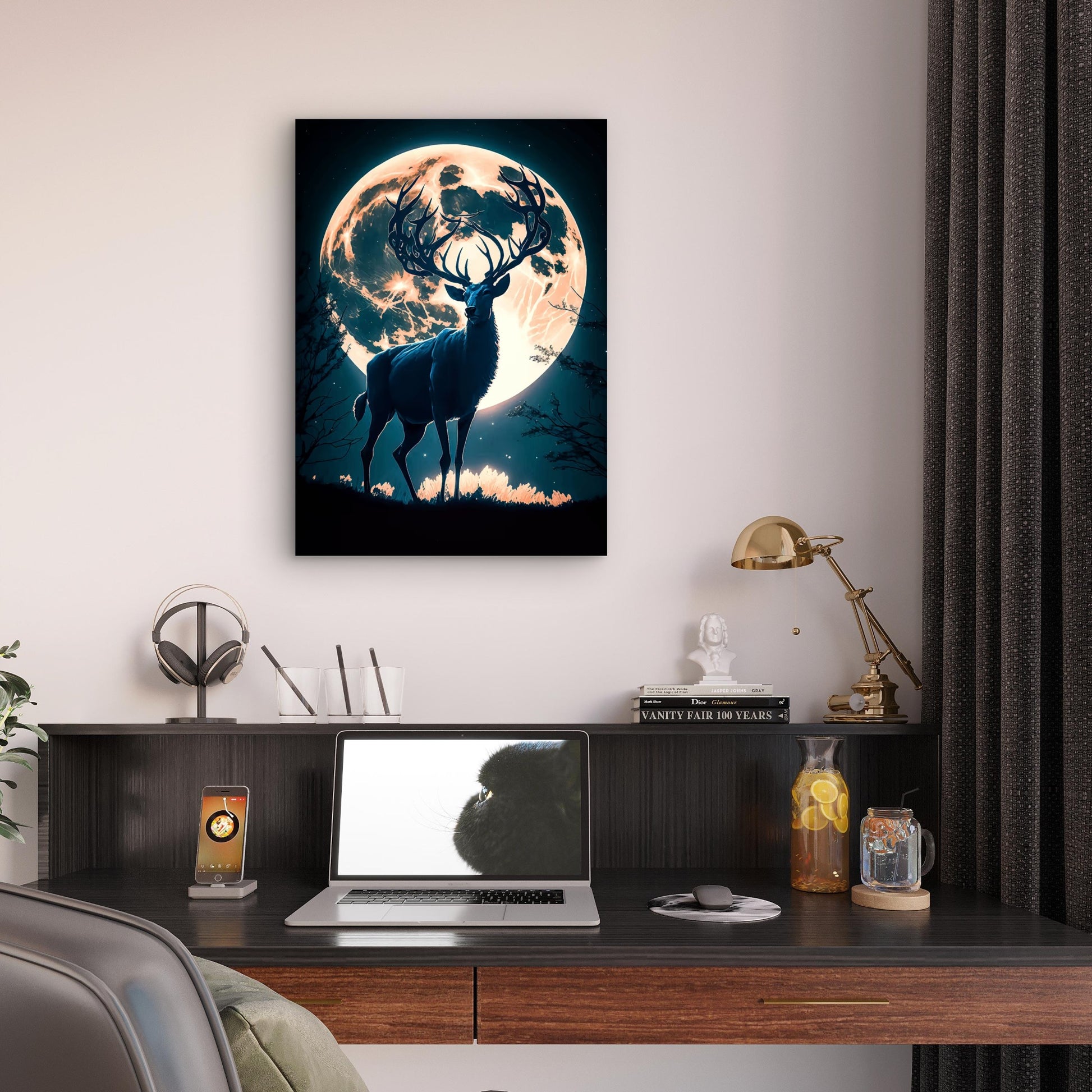 Majestic Stag Full Moon Night 60x90cm Metal Print Ready to Hang - Bella Home Decor