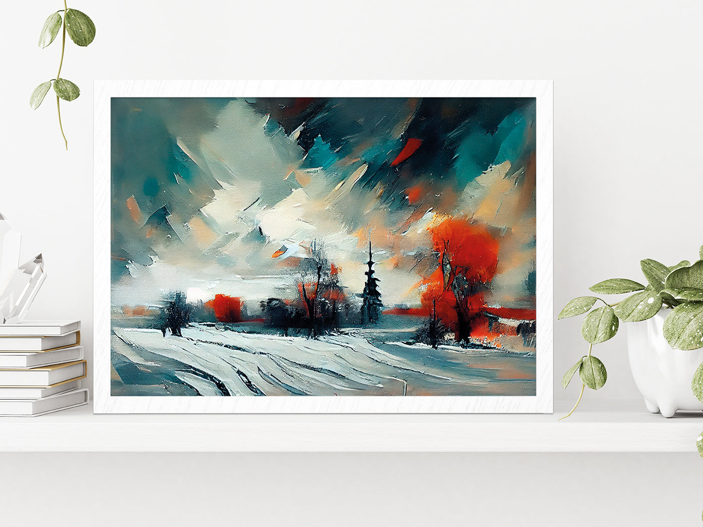 Abstract Forest, Snowy Trees & Field Glass Framed Wall Art, Ready to Hang Quality Print Without White Border White