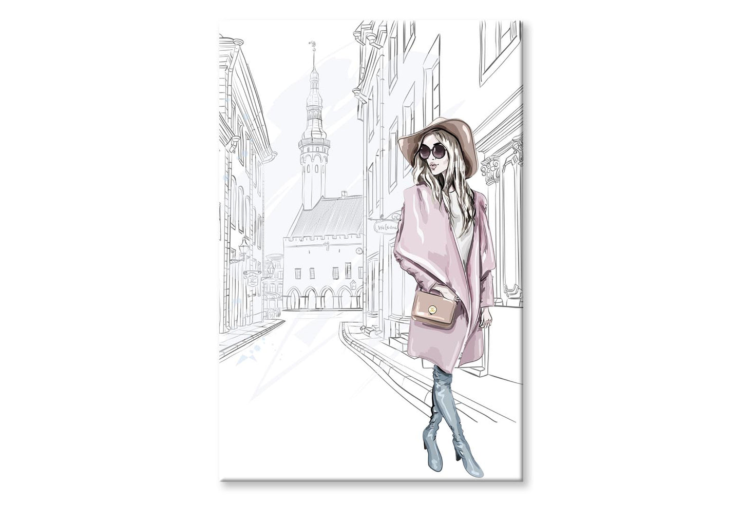 Pink Girl With Stylish Hat Wall Art Limited Edition High Quality Print Stretched Canvas None