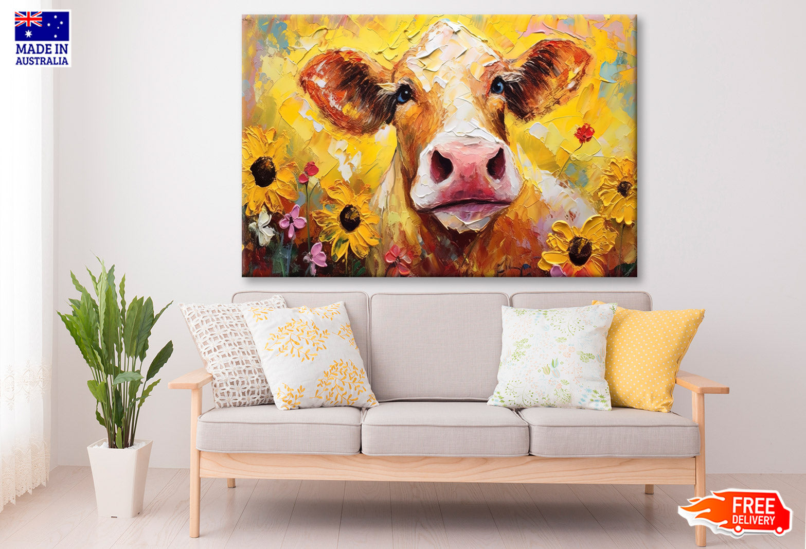 Closeup Cow Face with Sunflowers Oil Painting Wall Art Limited Edition High Quality Print