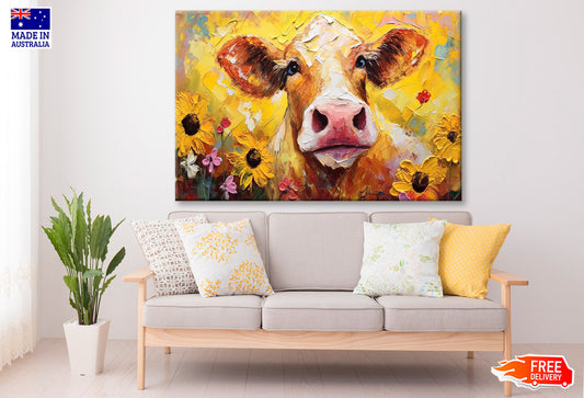 Closeup Cow Face with Sunflowers Oil Painting Wall Art Limited Edition High Quality Print