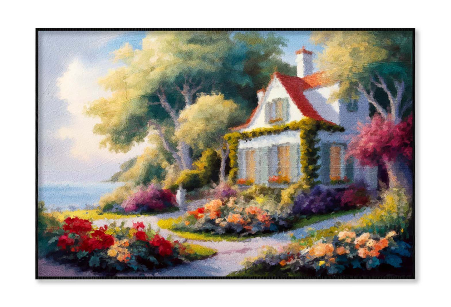 House near The Sea, Colorful Flowers and Trees, Summer Seascape Wall Art Limited Edition High Quality Print