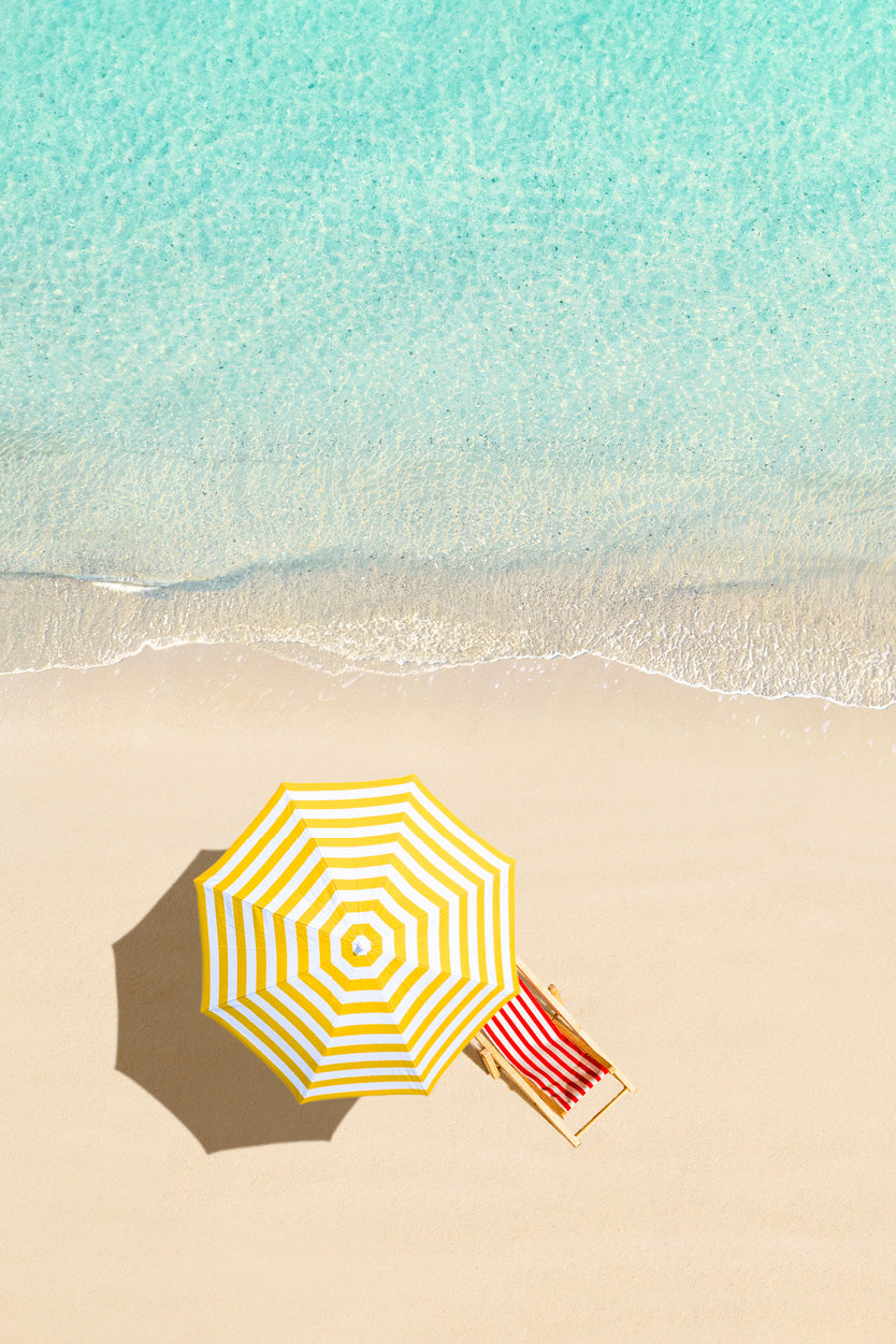 Sunbed & Yellow Umbrella near Sea Aerial View Glass Framed Wall Art, Ready to Hang Quality Print