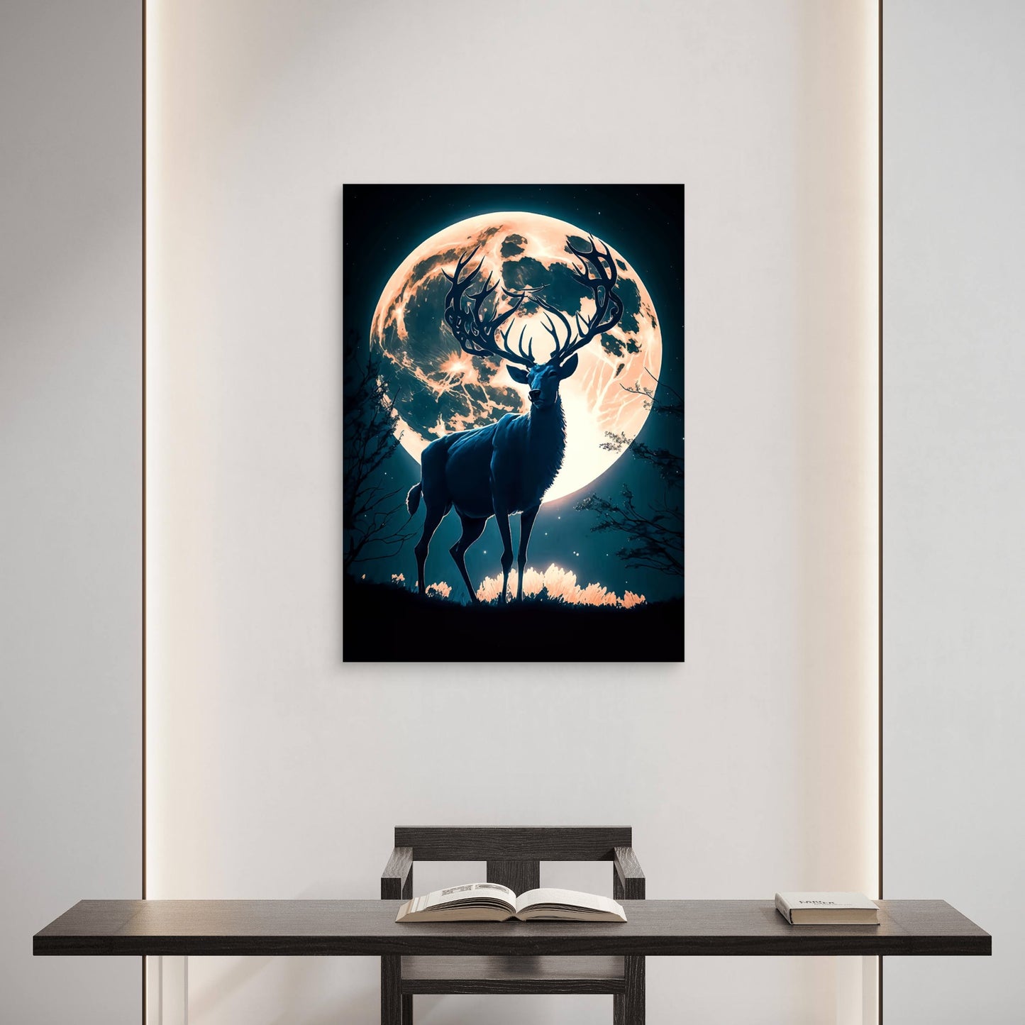 Majestic Stag Full Moon Night 40x60cm Metal Print Ready to Hang - Bella Home Decor