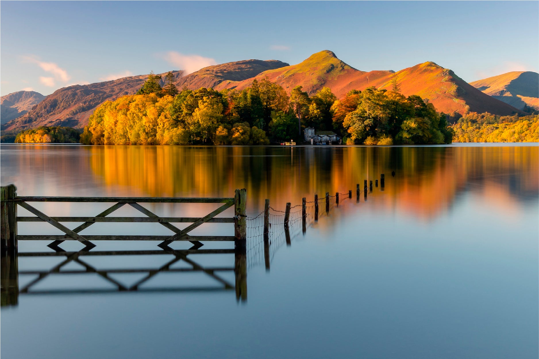 Sunrise Over Derwentwater Autumn Glass Framed Wall Art, Ready to Hang Quality Print