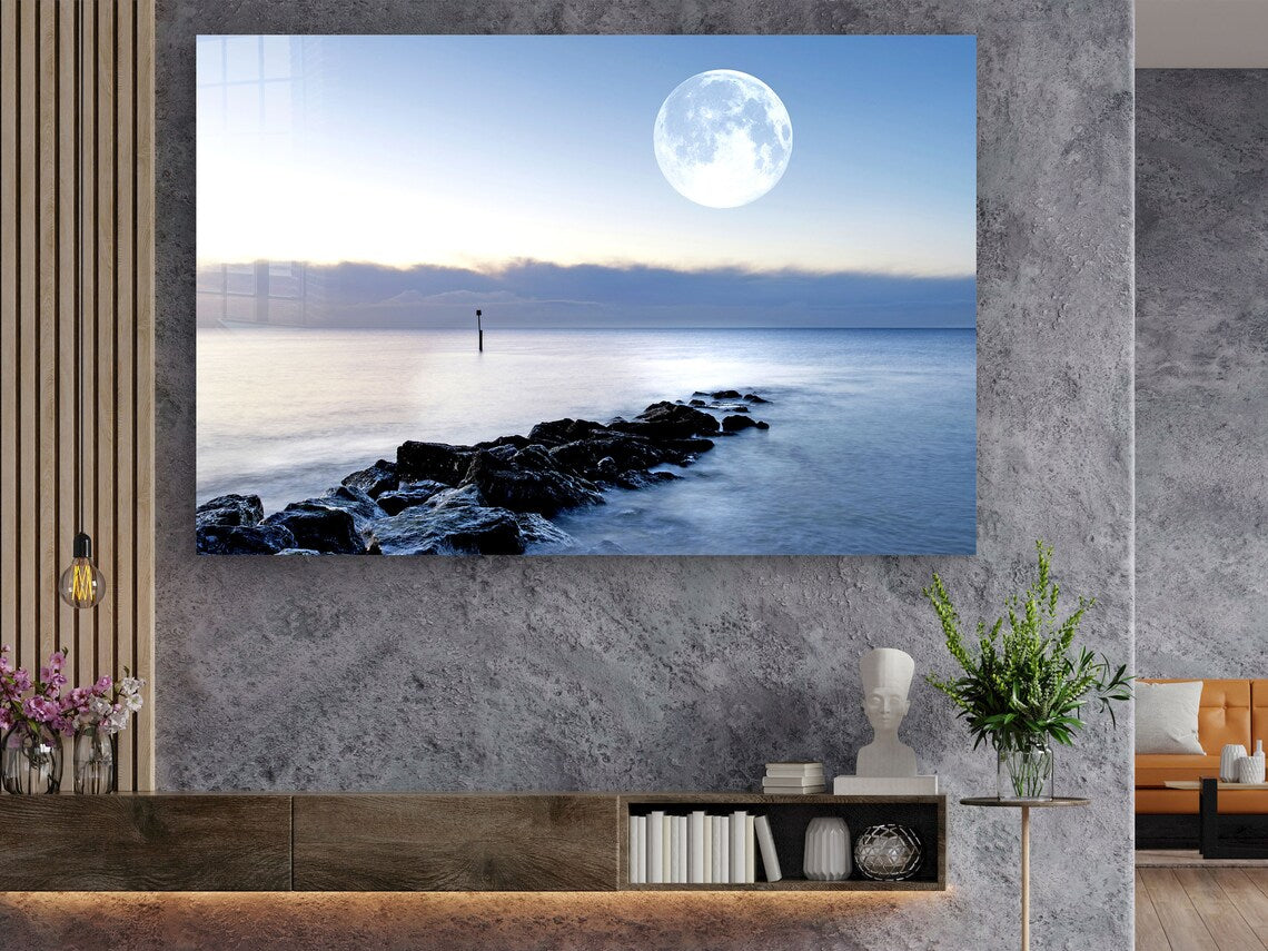 Full Moon Rocky Sea UV Direct Aluminum Print Australian Made Quality