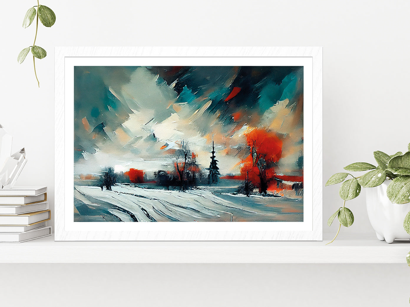 Abstract Forest, Snowy Trees & Field Glass Framed Wall Art, Ready to Hang Quality Print With White Border White