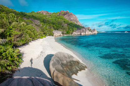 Beach Of Seychelles In La Digue Glass Framed Wall Art, Ready to Hang Quality Print