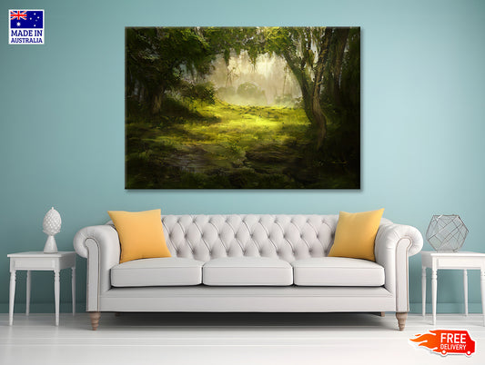 A Foggy Forest Scene with Trees and Grass Print 100% Australian Made