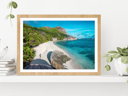 Beach Of Seychelles In La Digue Glass Framed Wall Art, Ready to Hang Quality Print With White Border Oak