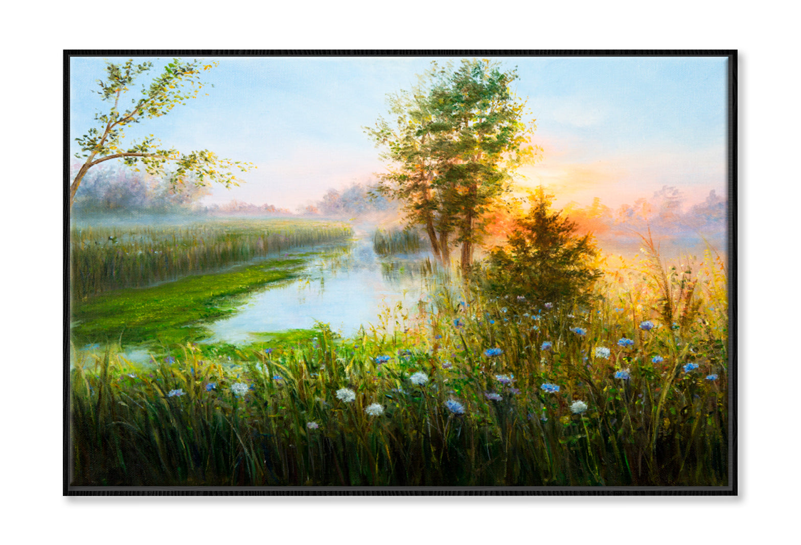 Misty Sunrise Over Lake Oil Painting Wall Art Limited Edition High Quality Print Canvas Box Framed Black