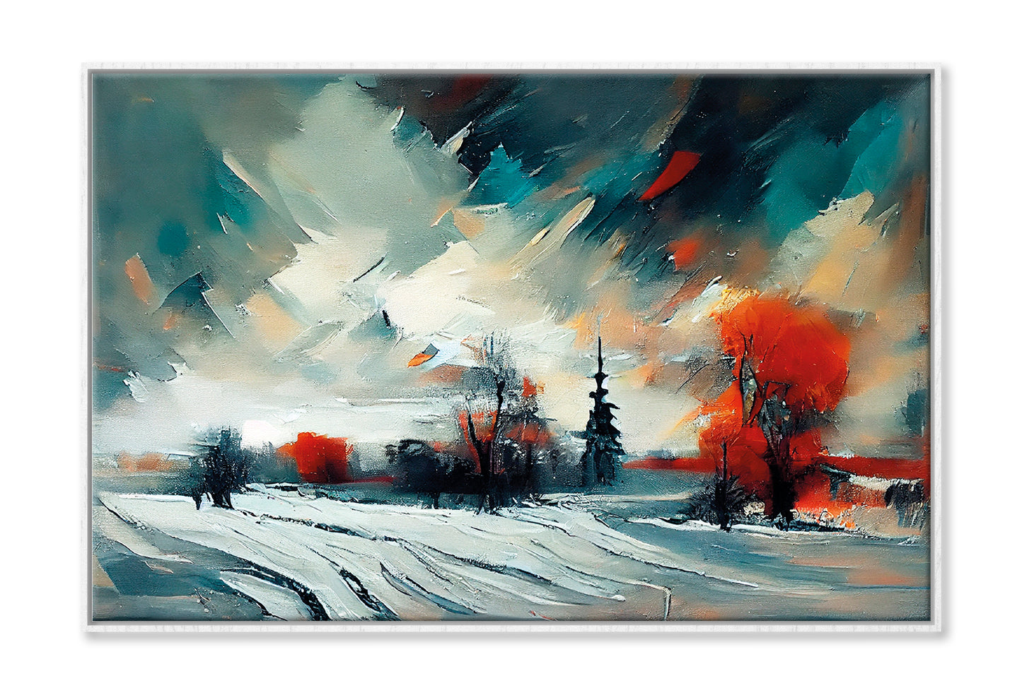 Abstract Forest, Snowy Trees & Field Oil Painting Wall Art Limited Edition High Quality Print Canvas Box Framed White